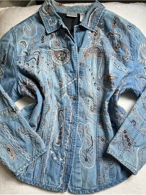 Chico's Light Blue Denim Jacket with Multicolor Paisley Embroidery